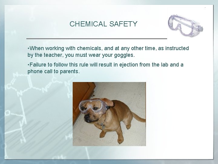 CHEMICAL SAFETY • When working with chemicals, and at any other time, as instructed