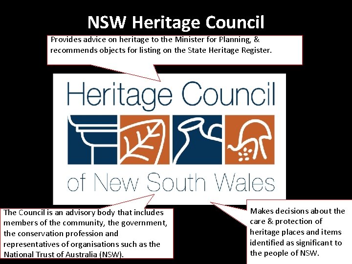 NSW Heritage Council Provides advice on heritage to the Minister for Planning, & recommends