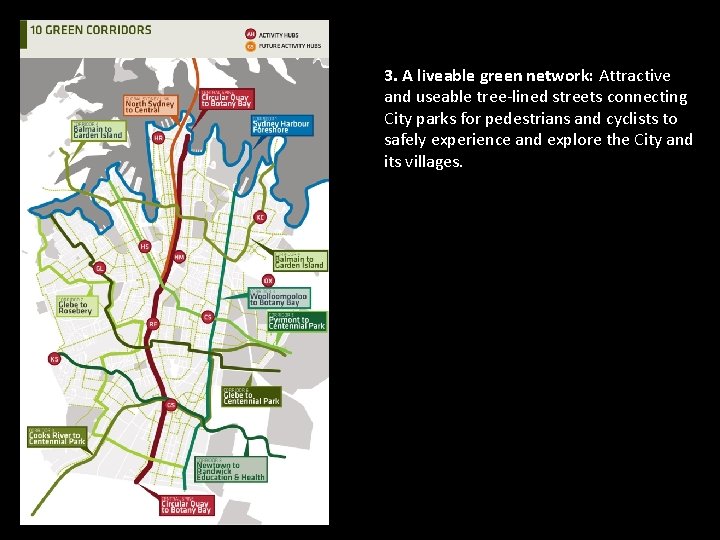 3. A liveable green network: Attractive and useable tree-lined streets connecting City parks for