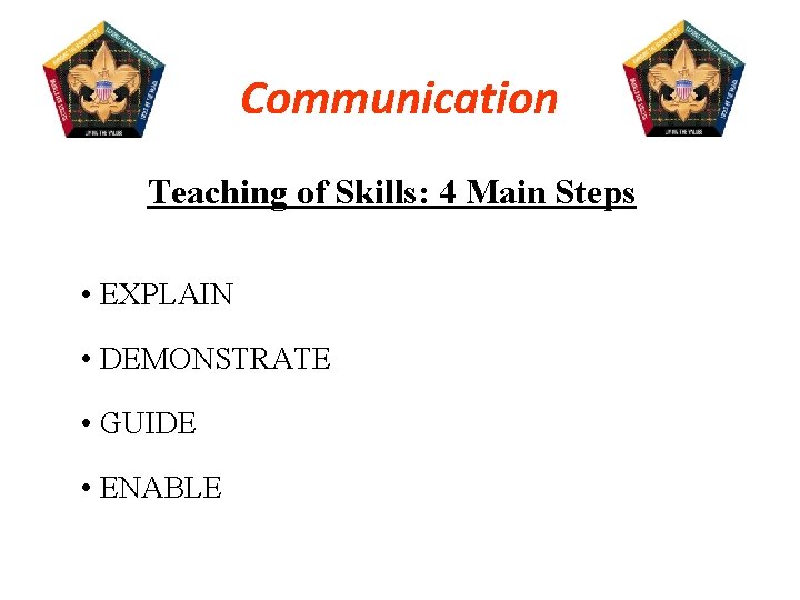 Communication Teaching of Skills: 4 Main Steps • EXPLAIN • DEMONSTRATE • GUIDE •