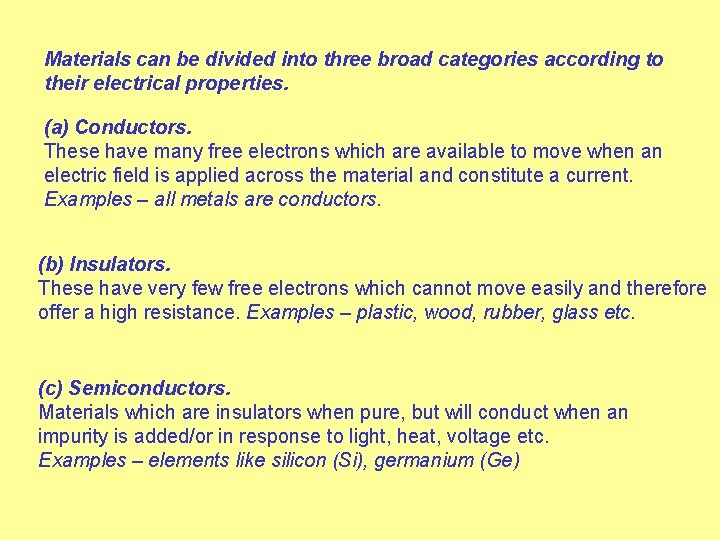 Materials can be divided into three broad categories according to their electrical properties. (a)