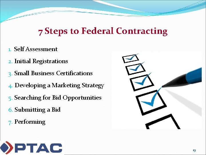 7 Steps to Federal Contracting 1. Self Assessment 2. Initial Registrations 3. Small Business