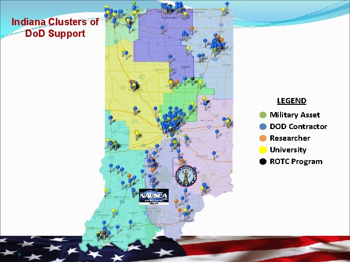 Indiana Clusters of Do. D Support LEGEND Military Asset DOD Contractor Researcher University ROTC