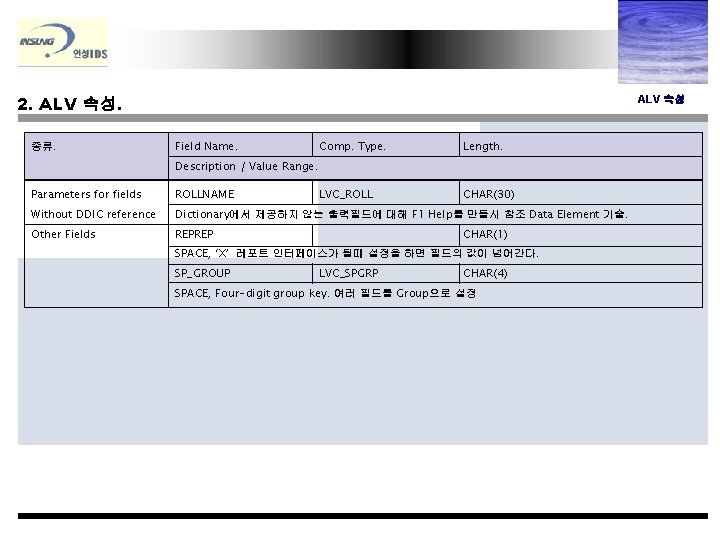 2. ALV 속성. 종류. ALV 속성 Field Name. Comp. Type. Length. LVC_ROLL CHAR(30) Description