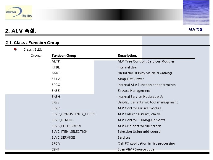 2. ALV 속성 2 -1. Class / Function Group Class : SLIS. Group. Function