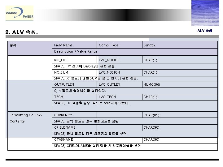 2. ALV 속성. 종류. ALV 속성 Field Name. Comp. Type. Length. LVC_NOOUT. CHAR(1) Description