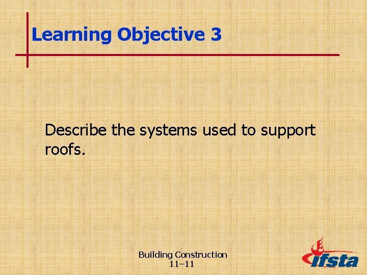 Learning Objective 3 Describe the systems used to support roofs. Building Construction 11– 11