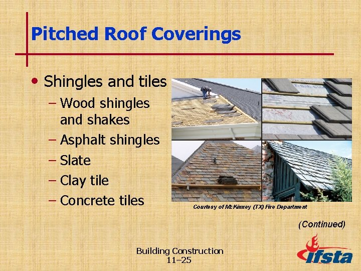 Pitched Roof Coverings • Shingles and tiles – Wood shingles and shakes – Asphalt