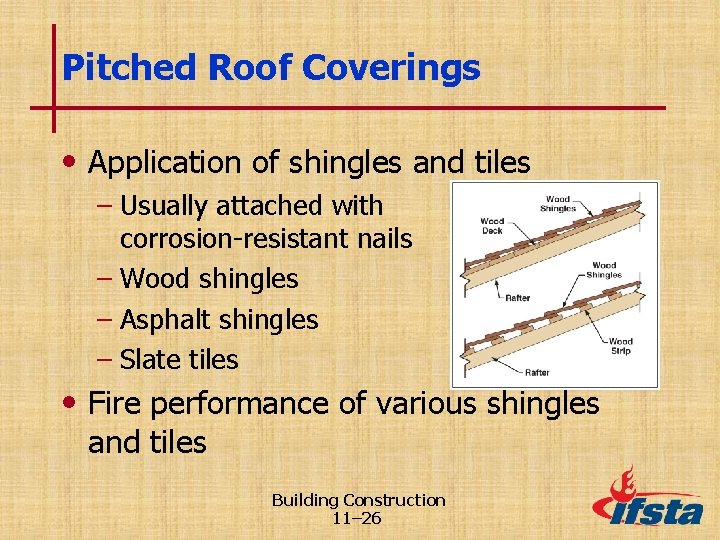Pitched Roof Coverings • Application of shingles and tiles – Usually attached with corrosion-resistant