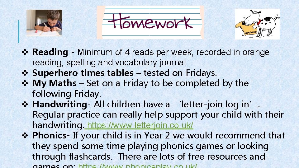 v Reading - Minimum of 4 reads per week, recorded in orange reading, spelling