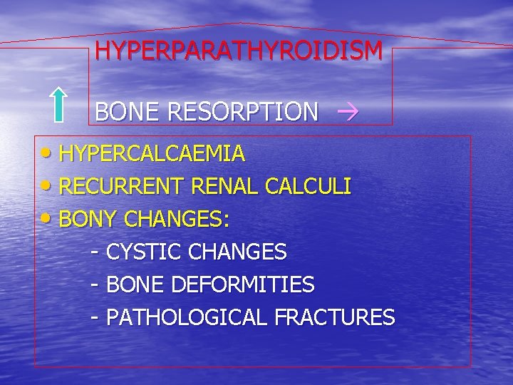 HYPERPARATHYROIDISM BONE RESORPTION • HYPERCALCAEMIA • RECURRENT RENAL CALCULI • BONY CHANGES: - CYSTIC