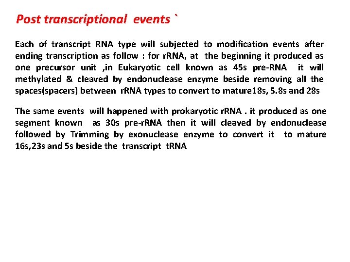 Post transcriptional events ` Each of transcript RNA type will subjected to modification events