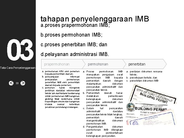 tahapan penyelenggaraan IMB a. proses prapermohonan IMB; 03 Tata Cara Penyelenggaraan b. proses permohonan