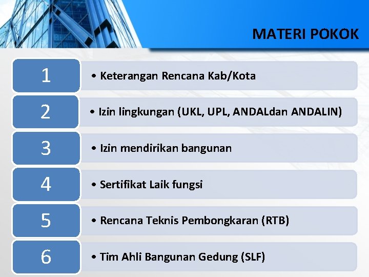 MATERI POKOK 1 • Keterangan Rencana Kab/Kota 2 • Izin lingkungan (UKL, UPL, ANDALdan