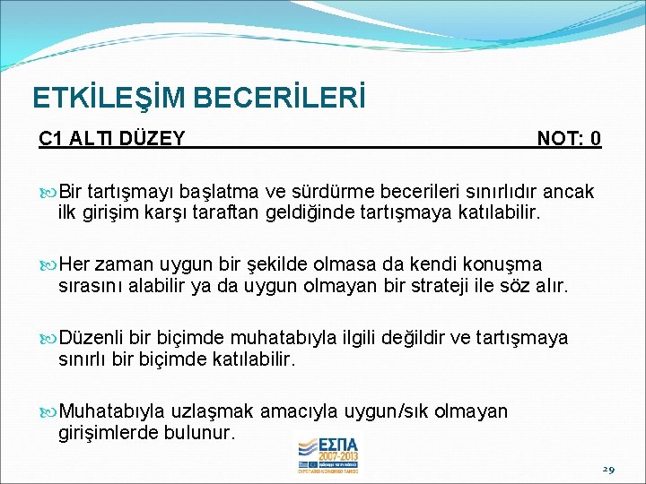 ETKİLEŞİM BECERİLERİ C 1 ALTI DÜZEY ____ NOT: 0 Bir tartışmayı başlatma ve sürdürme