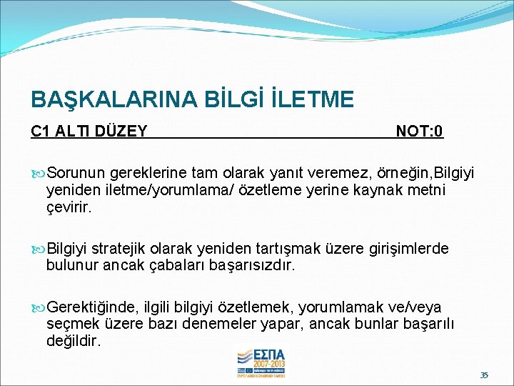 BAŞKALARINA BİLGİ İLETME C 1 ALTI DÜZEY NOT: 0 Sorunun gereklerine tam olarak yanıt