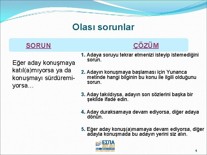 Olası sorunlar SORUN ÇÖZÜM 1. Adaya soruyu tekrar etmenizi isteyip istemediğini sorun. Eğer aday