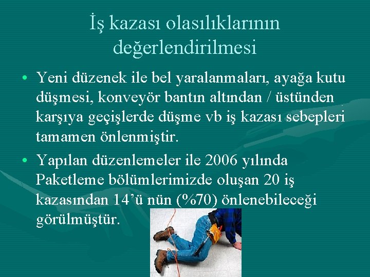 İş kazası olasılıklarının değerlendirilmesi • Yeni düzenek ile bel yaralanmaları, ayağa kutu düşmesi, konveyör