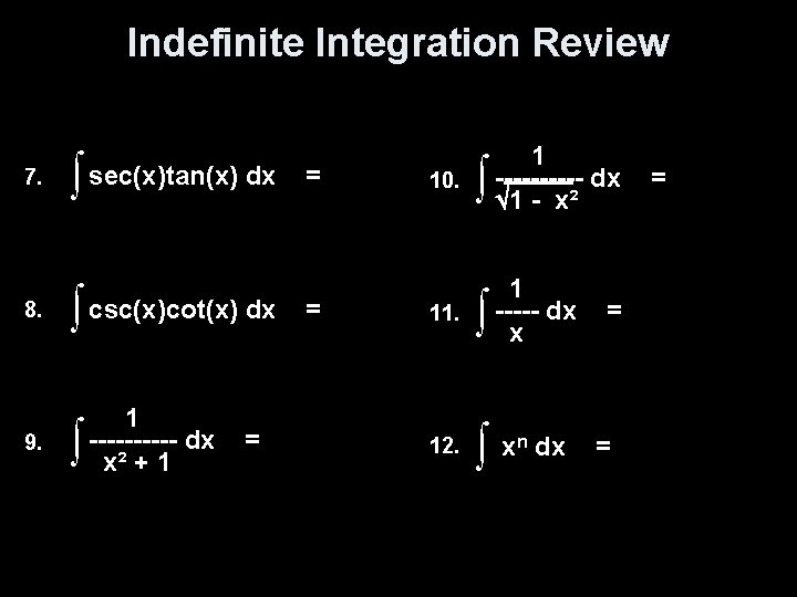 Indefinite Integration Review 7. 8. 9. ∫ sec(x)tan(x) dx ∫ csc(x)cot(x) dx ∫ 1
