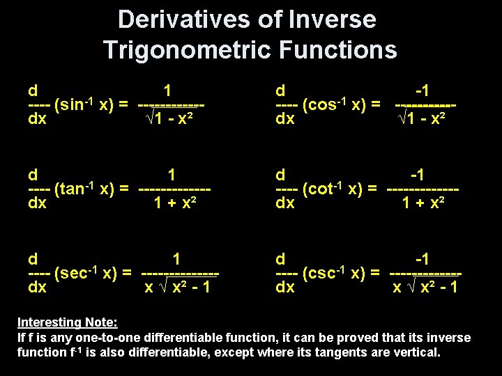 Derivatives of Inverse Trigonometric Functions d 1 -1 ---- (sin x) = ------dx √