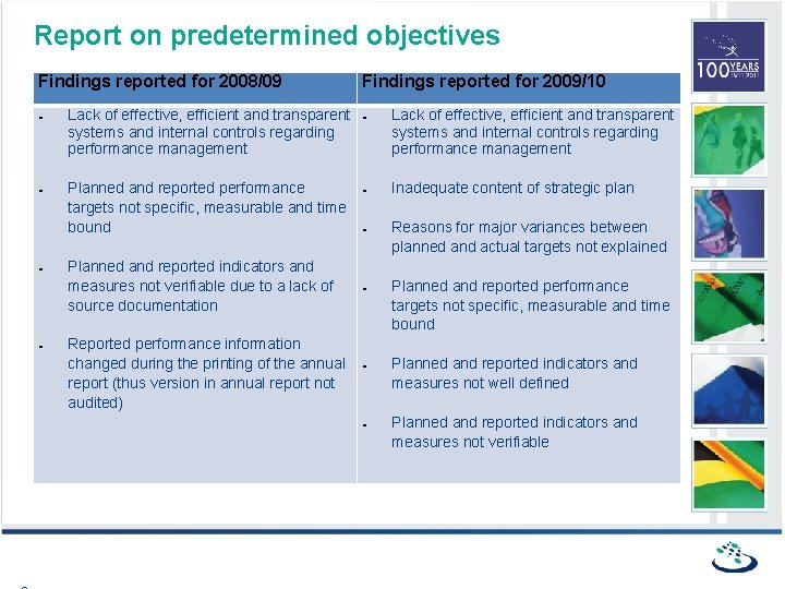 Report on predetermined objectives Findings reported for 2008/09 Lack of effective, efficient and transparent