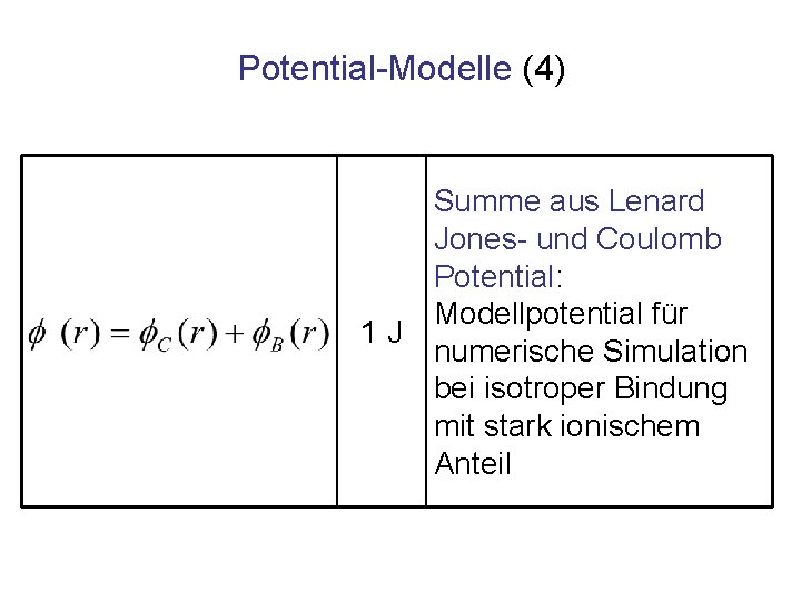 Potential-Modelle (4) 1 J Summe aus Lenard Jones- und Coulomb Potential: Modellpotential für numerische