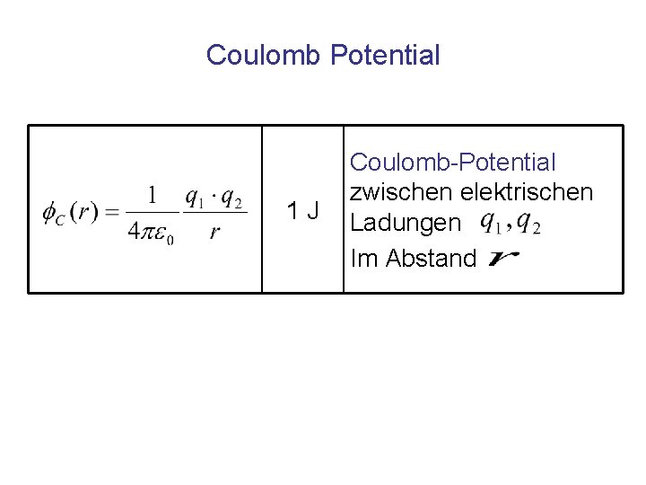 Coulomb Potential 1 J Coulomb-Potential zwischen elektrischen Ladungen Im Abstand 