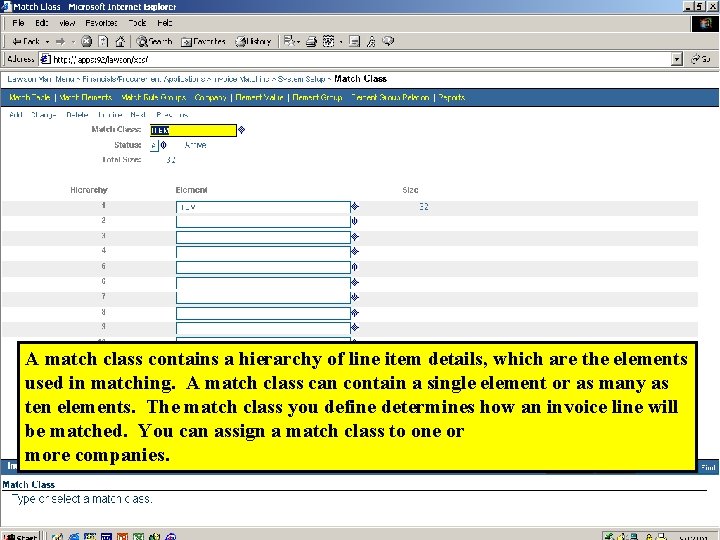 A match class contains a hierarchy of line item details, which are the elements