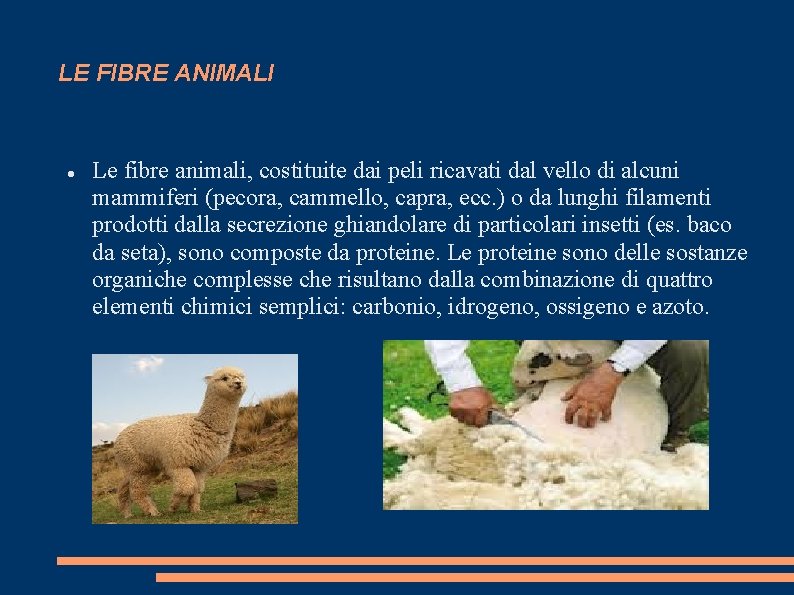 LE FIBRE ANIMALI Le fibre animali, costituite dai peli ricavati dal vello di alcuni