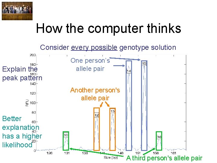 How the computer thinks Consider every possible genotype solution Explain the peak pattern One