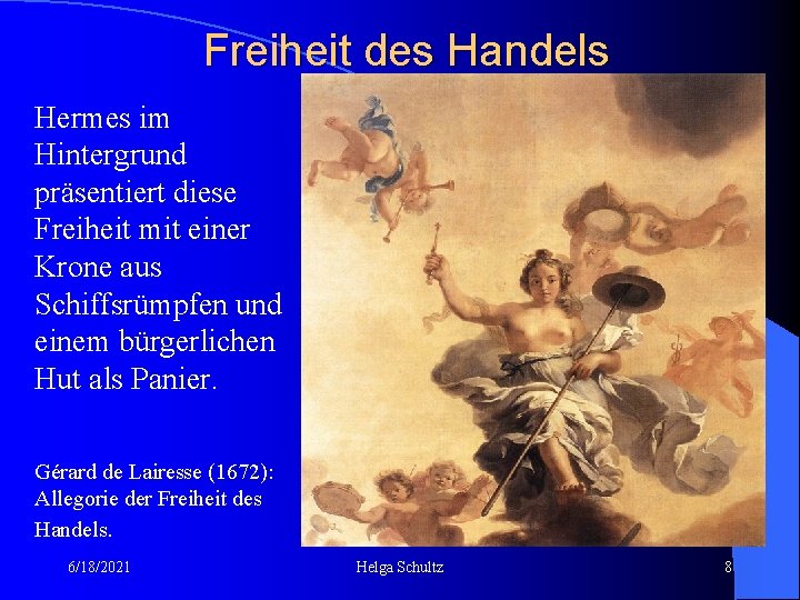 Freiheit des Handels Hermes im Hintergrund präsentiert diese Freiheit mit einer Krone aus Schiffsrümpfen