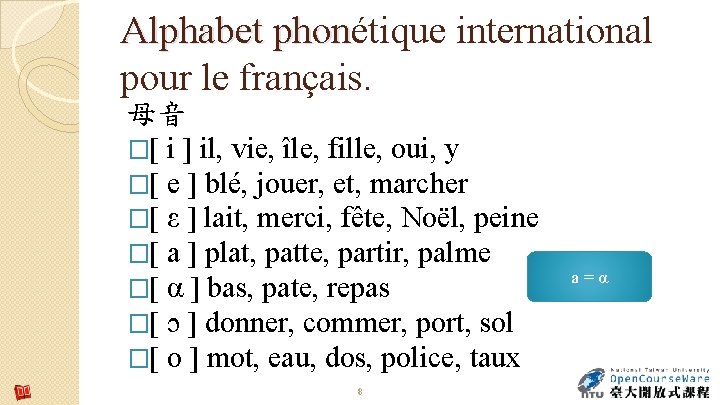 Alphabet phonétique international phon pour le français. 母音 �[ i ] il, vie, île,