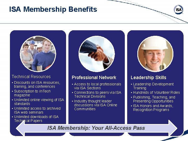 ISA Membership Benefits Technical Resources Professional Network Leadership Skills • Discounts on ISA resources,