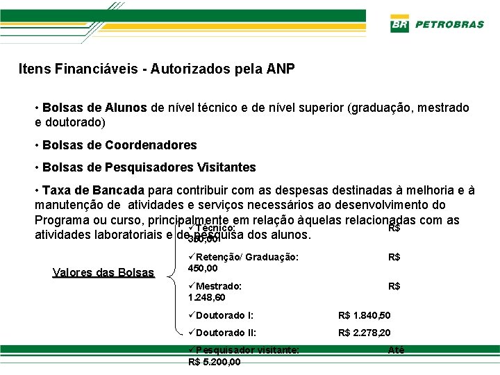 Itens Financiáveis - Autorizados pela ANP • Bolsas de Alunos de nível técnico e