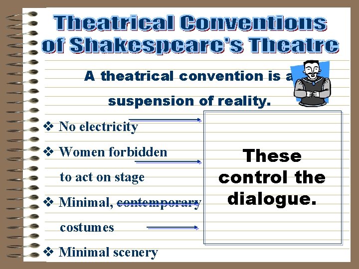 A theatrical convention is a suspension of reality. v No electricity v Women forbidden