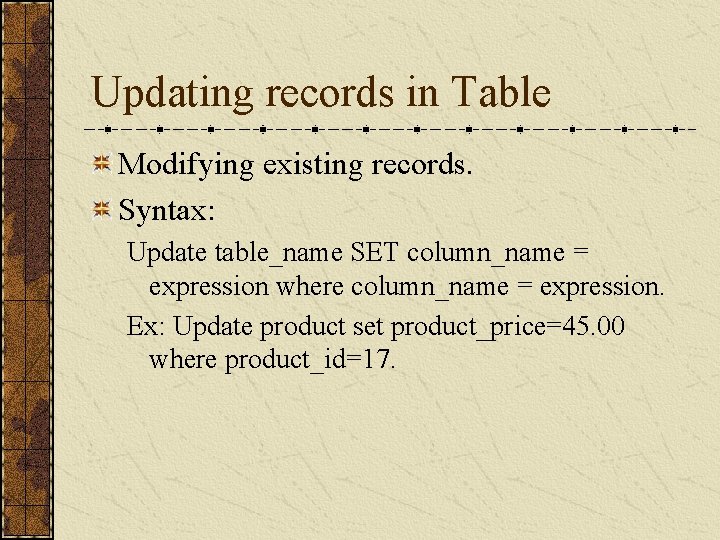 Updating records in Table Modifying existing records. Syntax: Update table_name SET column_name = expression Updating records in Table Modifying existing records. Syntax: Update table_name SET column_name = expression