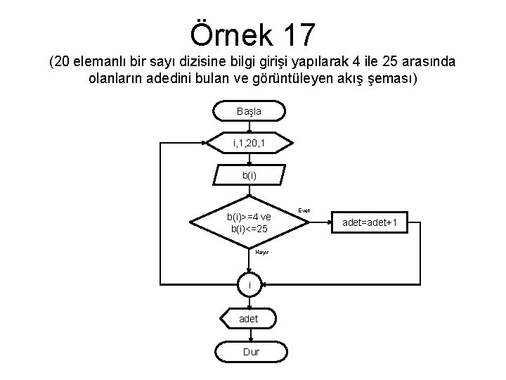 Örnek 17 (20 elemanlı bir sayı dizisine bilgi girişi yapılarak 4 ile 25 arasında