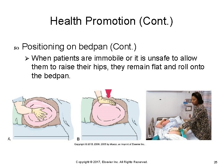 Health Promotion (Cont. ) Positioning on bedpan (Cont. ) Ø When patients are immobile