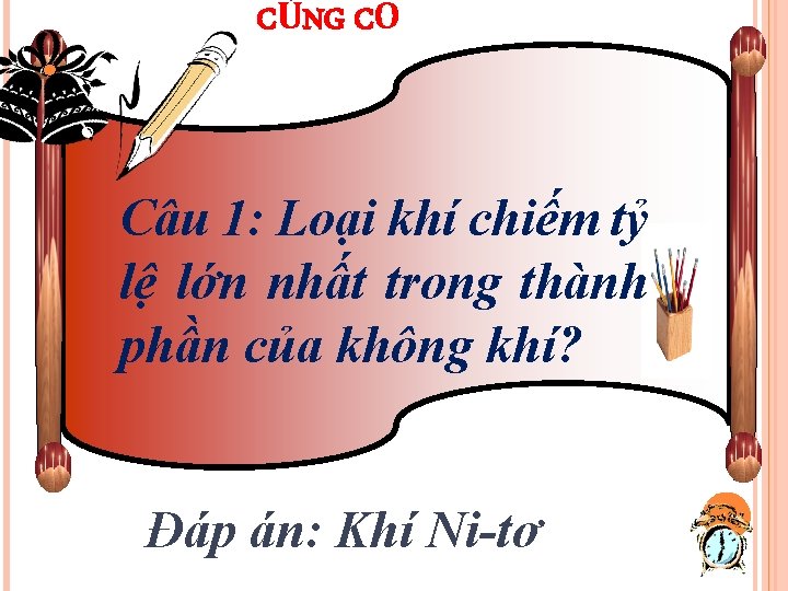 CỦNG CỐ Câu 1: Loại khí chiếm tỷ lệ lớn nhất trong thành phần