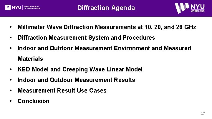 Diffraction Agenda • Millimeter Wave Diffraction Measurements at 10, 20, and 26 GHz •