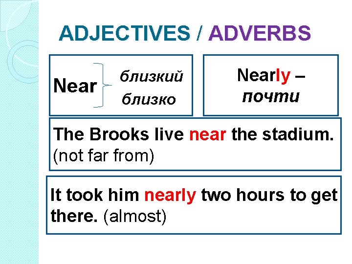 ADJECTIVES / ADVERBS Near близкий близко Nearly – почти The Brooks live near the