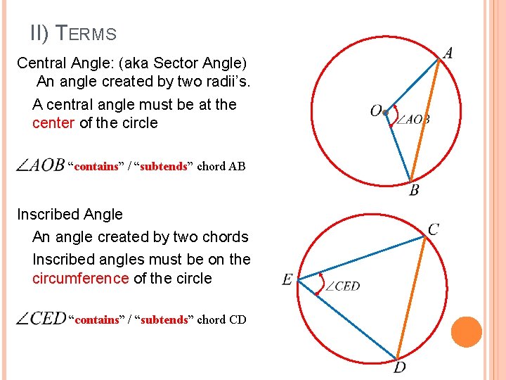 II) TERMS Central Angle: (aka Sector Angle) An angle created by two radii’s. A
