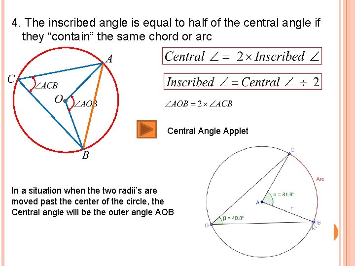 4. The inscribed angle is equal to half of the central angle if they