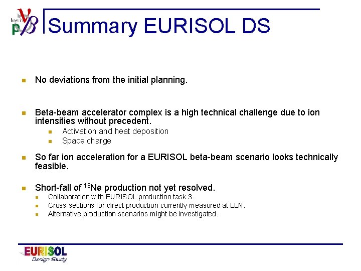 Summary EURISOL DS n No deviations from the initial planning. n Beta-beam accelerator complex