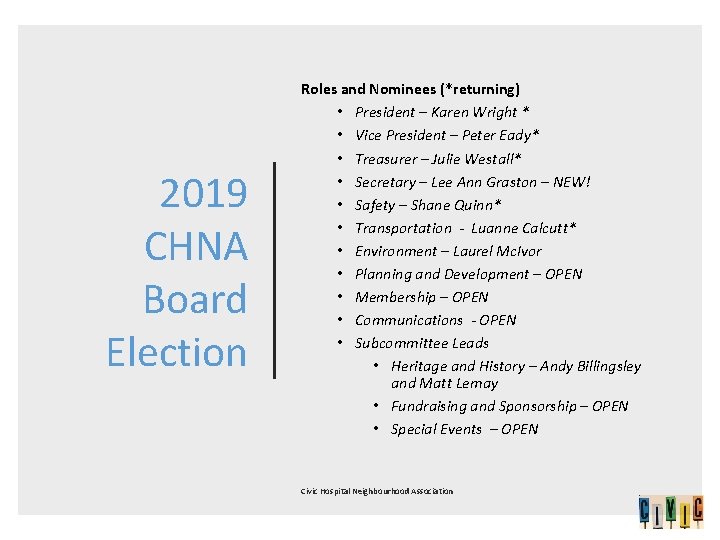2019 CHNA Board Election Roles and Nominees (*returning) • President – Karen Wright *