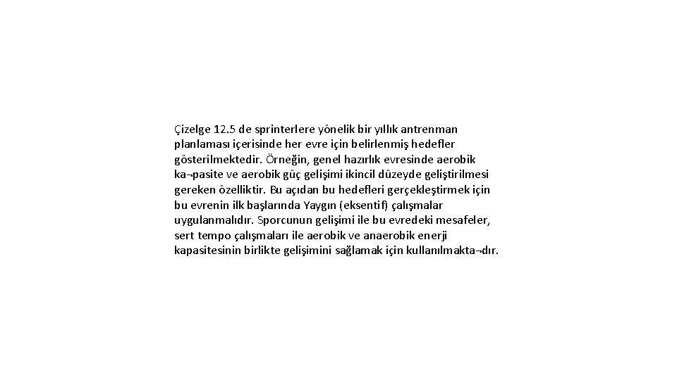 Çizelge 12. 5 de sprinterlere yönelik bir yıllık antrenman planlaması içerisinde her evre için