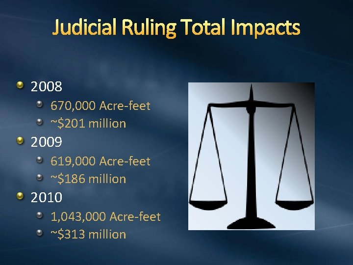 Judicial Ruling Total Impacts 2008 670, 000 Acre-feet ~$201 million 2009 619, 000 Acre-feet