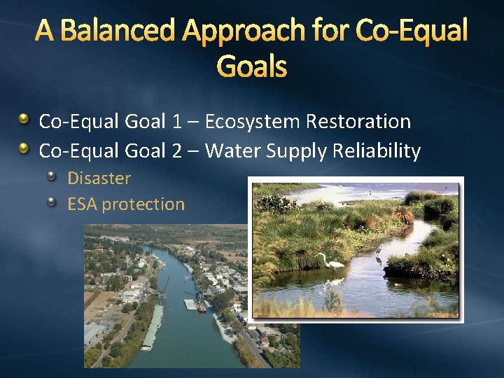 A Balanced Approach for Co-Equal Goals Co-Equal Goal 1 – Ecosystem Restoration Co-Equal Goal