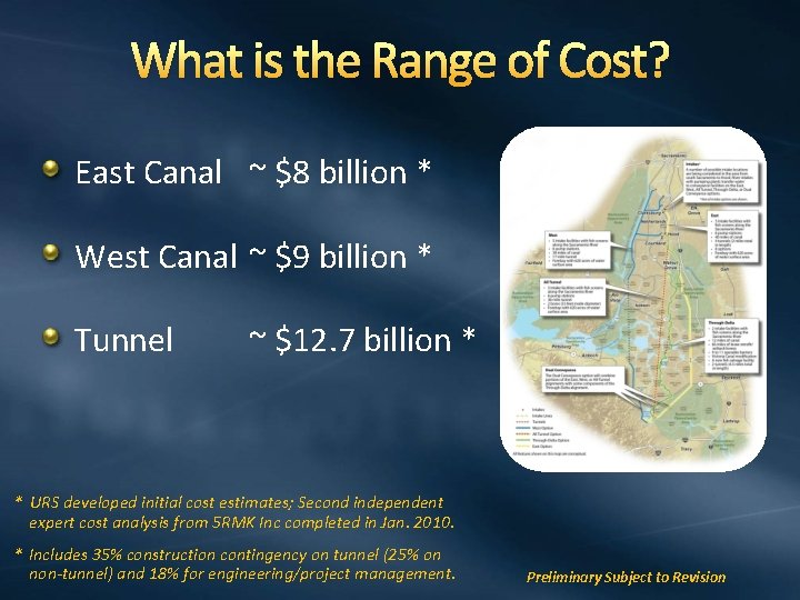 What is the Range of Cost? East Canal ~ $8 billion * West Canal