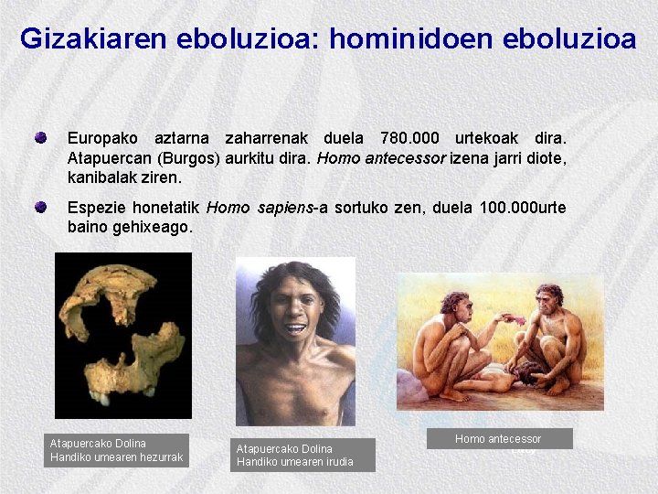 Gizakiaren eboluzioa: hominidoen eboluzioa Europako aztarna zaharrenak duela 780. 000 urtekoak dira. Atapuercan (Burgos)